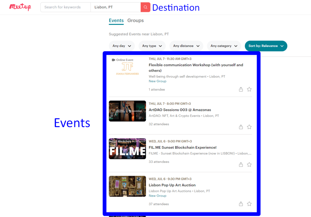 Screenshot from the Meetup app